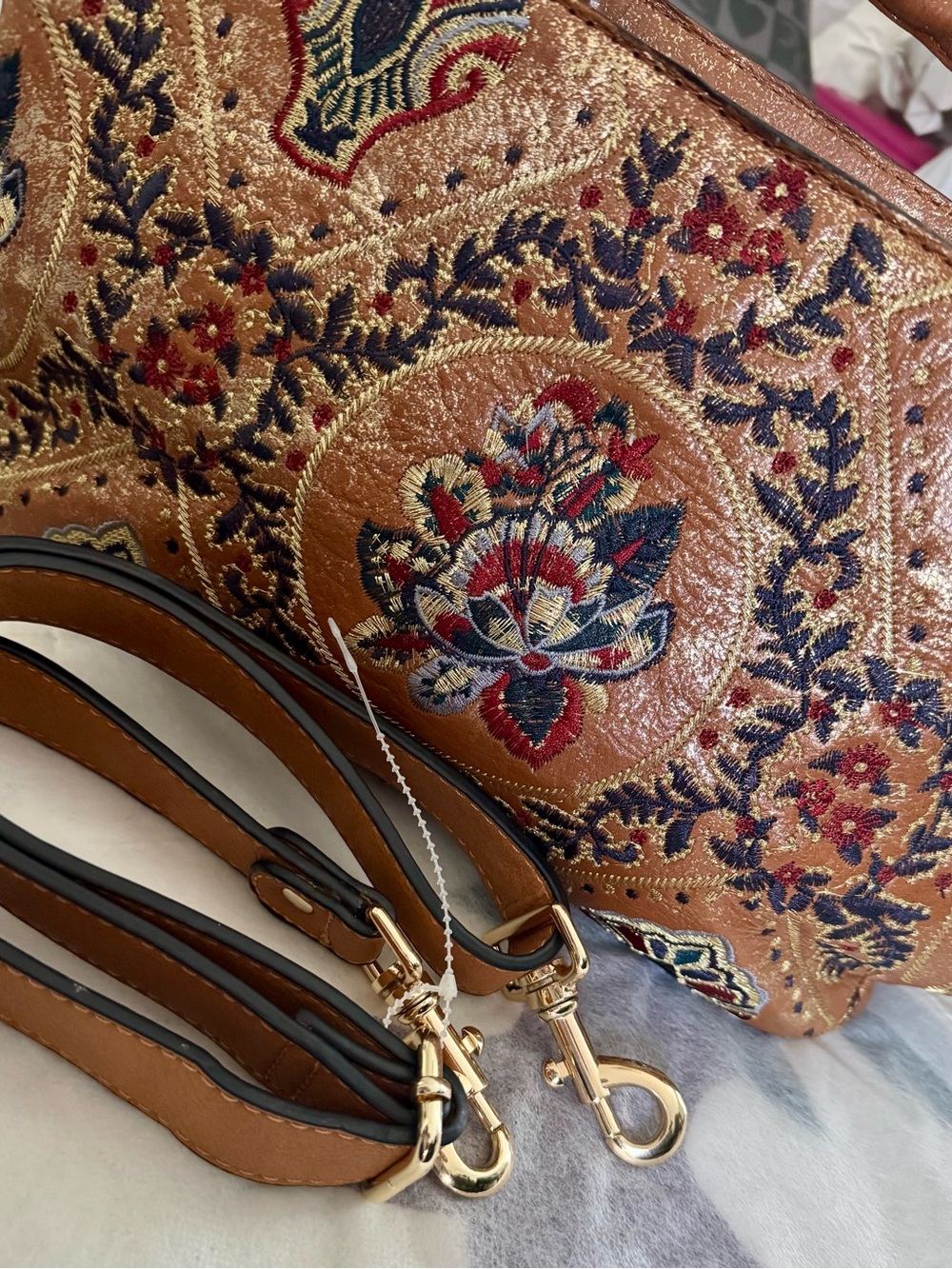 PATRICIA NASH Angelin Italian Leather Embroidered Gold Foil Satchel Bag EUC - Picture 8 of 8